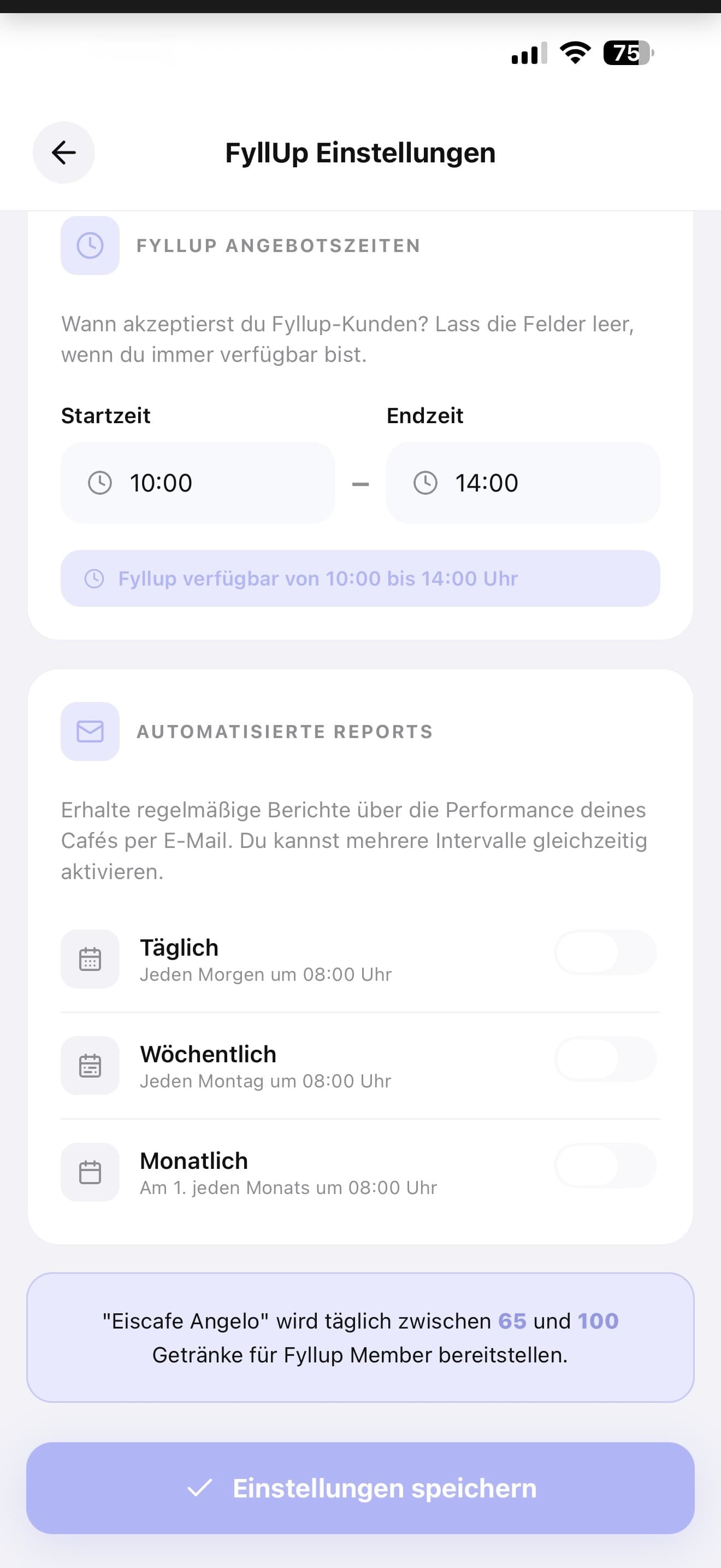Fyllup Partner — Einstellungen und Kontrolle